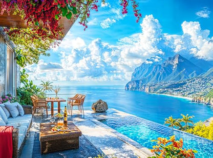 Cross & Glory | 1000 Piece Jigsaw Puzzles for Adults | Patio by the Sea | Serene Coastal Patio and Ocean View Puzzle | 2mm Thick Pieces | Bonus Reference Poster | Satin Finish | Ages 14+ - color: Patio By the Sea