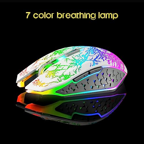 VEGCOO Wireless Gaming Mouse, Rechargeable Gaming Mouse, Silent Optical Mice with 2.4G USB Receiver, 3 Level DPI, 6 Buttons, 7 Colors LED Lights for PC/Mac Gamer, Laptop and Desktop - color: white