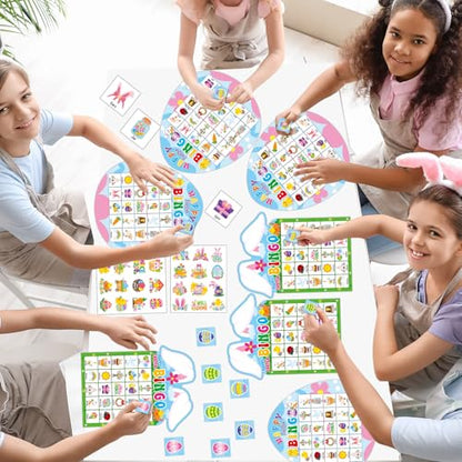 Lonfliness 39Pcs Easter Bingo Game for Adults Kids 24 Players Easter Bunny Egg Shape Bingo Game Cards with Reward Stickers for Family Friends Large Group Activities Happy Easter Spring Party Favors - style: Easter