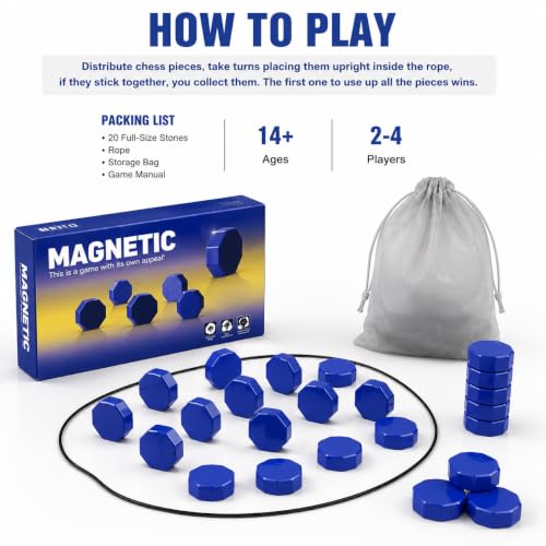 Magnetic Strategy Game for Adults, 20 Full-Size Magnetic Stones with Rope & Storage Bag, Portable Travel Game for Camping, Parties, Family Game Night