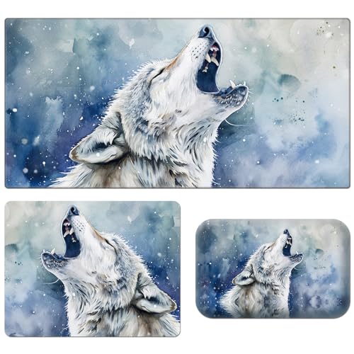 Desk Pad, Large Game Mouse Pad + Small Mouse Pad + Wrist Rest,Ergonomic Mouse Pad,Table Mat with Stitched Edge,Anti-Slip,Memory Foam Desk Mat for Home Office Gaming(23.6×11.8in),Grey Wolf - color: Grey Wolf