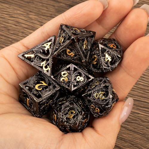 7PCS DND Dice Set, Premium Hollow Metal Polyhedral Dice with Treasure Chest & Dice Bag, Gift for Men & Women, Dungeons and Dragons, TTRPG RPG Tabletop Games (Black) - color: Black