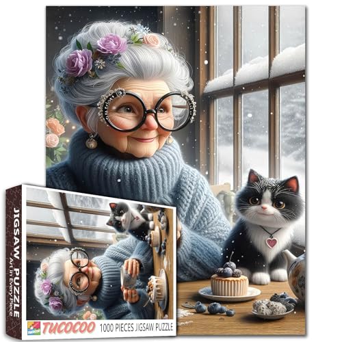 White Haired Old Woman and Cat Jigsaw Puzzle 1000 Piece for Adult Grandma Wearing a Sweater Snow Animal Dessert Challenging for Family or Friend Game 19.7 x 27.6 Inch - color: Old Woman-a22