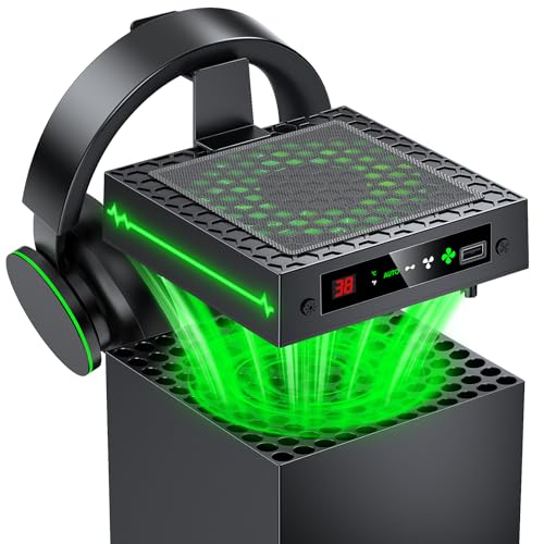 Auto Cooling Fan for Xbox Series X with LED Temperature Display&9 RGB Light | Smart Thermally-Adjustable Cooling System for Xbox Series X, 9 Lighting Modes, Cooler&Light Switch, Headset Hook, USB Port