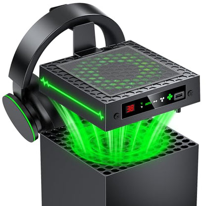 Auto Cooling Fan for Xbox Series X with LED Temperature Display&9 RGB Light | Smart Thermally-Adjustable Cooling System for Xbox Series X, 9 Lighting Modes, Cooler&Light Switch, Headset Hook, USB Port