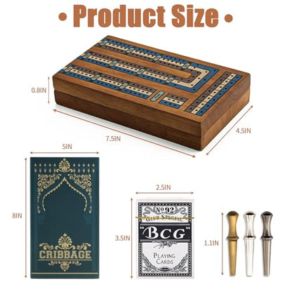 Wooden Cribbage Board Game Set, Travel Cribbage Board with Storage and Collapsible, with Magnetic Lock / 9 Metal Pegs/Full Deck of Cards, Family Board Games for Adults