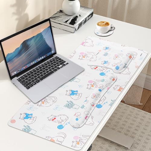 MEGREZ 4-in-1 Mouse Pad with Wrist Rest Ergonomic Memory Foam Desk Mat Set | ergonomic, anti-slip base, 4pcs set, desk pad, mouse wrist rest, keyboard rest, coaster, ideal for office & gaming - color: Bow Kitten