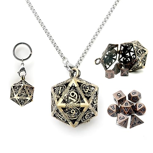 Haxtec Mini Metal DND Dice Set, D20 Hollow Cage Pendant Necklace & Keying | Portable 6mm Micro 7PCS D&D Dice, Cool Charm DND Accessories, For RPG Travel, Unique Gifts for Dungeons and Dragons Players - color: Antique Bronze & Copper