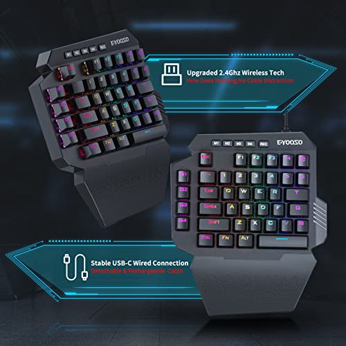 HUO JI Wireless One Handed Mechanical Gaming Keyboard, Red Switch | 6 Onboard Macro Keys, 2.4Ghz and USB-C Wired Dual Mode, RGB Led Backlit, Wrist Rest, Durable Battery