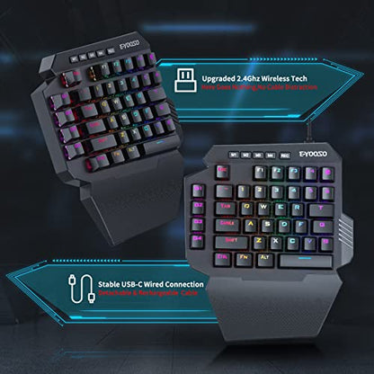 HUO JI Wireless One Handed Mechanical Gaming Keyboard, Red Switch | 6 Onboard Macro Keys, 2.4Ghz and USB-C Wired Dual Mode, RGB Led Backlit, Wrist Rest, Durable Battery