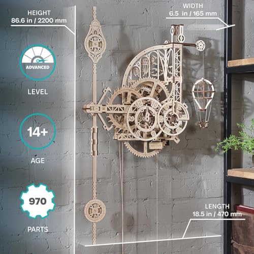 UGEARS Aero Clock Wooden 3D Puzzles for Adults - Mechanical Wooden Model Kits for Adults to Build, Wall Clock 3D Puzzle with Pendulum Model Kit, DIY Miniature Kit Crafts Gift for Fathers Day - style: Aero Clock