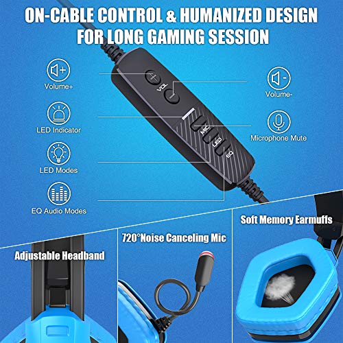 BENGOO USB Pro Gaming Headset for PC PS4, 7.1 Surround Sound Gaming Headphones with Noise Cancelling Mic, in-Line Volume/Mic/EQ Control, Soft Memory Earmuffs RGB Lights for Laptop Mac Nintendo 64