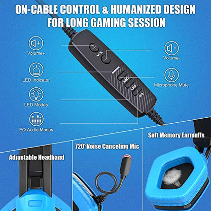 BENGOO USB Pro Gaming Headset for PC PS4, 7.1 Surround Sound Gaming Headphones with Noise Cancelling Mic, in-Line Volume/Mic/EQ Control, Soft Memory Earmuffs RGB Lights for Laptop Mac Nintendo 64