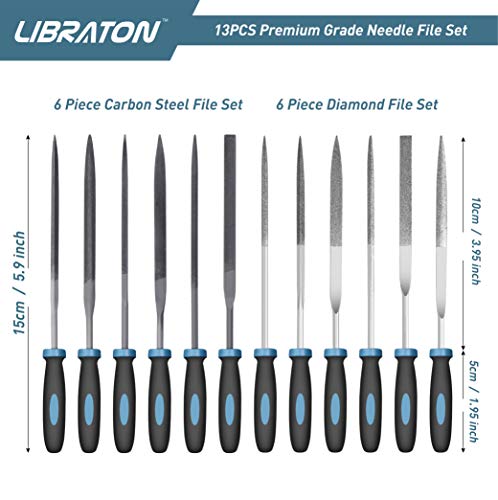 LIBRATON 13PCS Small Needle Files Set, 6 Carbon Steel & 6 Diamond File Set | for Precision Metal Work, Jewlers Metal File Set, Mini Jewelry Files for Wood Plastic Carving, with Brush and Carry Case - style: Needle File-13PCS