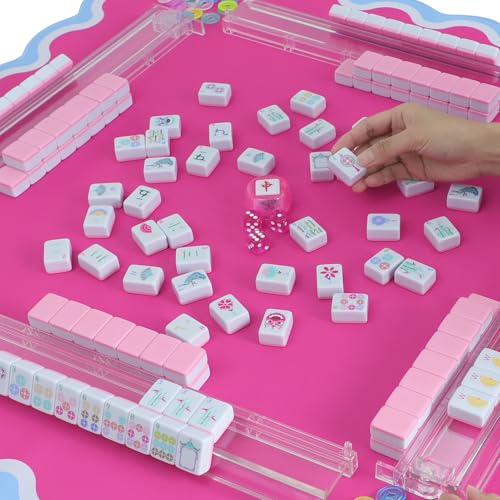 160 Pink American Printed Mahjong Game Set with Carrying Bag and Accessories, 1.2’’ Mahjong Tile Set - style: 1-Pink
