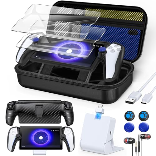13 in 1 Accessories Set for Playstation Portal,Carry Case for PS Portal | Carrying Case for PS Portal,TPU Cover with stand, Charging Dock,Screen Protectors,Thumb Grips,Earphones for PS Portal (Black) - color: Black