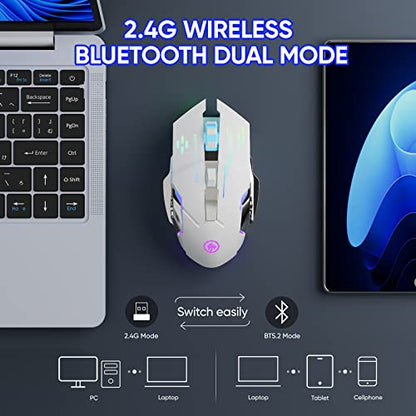 MELOGAGA Wireless Gaming Mouse Bluetooth/2.4G RGB Rechargeable -White | Bluetooth/2.4G Dual Modes, Silent Clicks, 7-Color Backlit, 6 Buttons, Rechargeable Battery for PC, Mac, Laptop, Chromebook - color: White