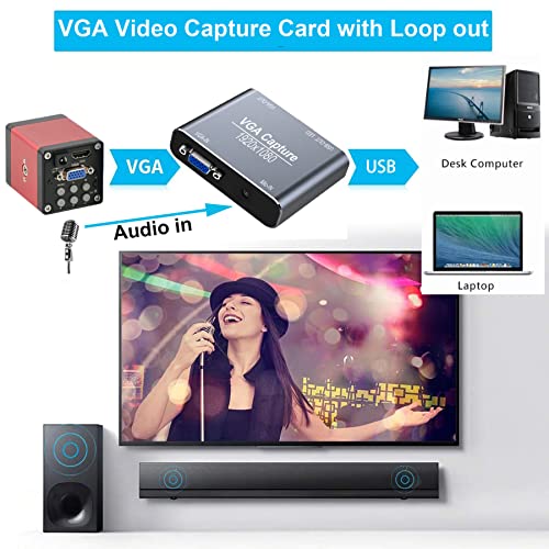 VGA Capture Card, VGA to USB Capture Device with VGA Loopout, Mic Input Support HD 720P Video for Gaming, Streaming, Teaching, Video Conference, Live Broadcasting - color: Grey