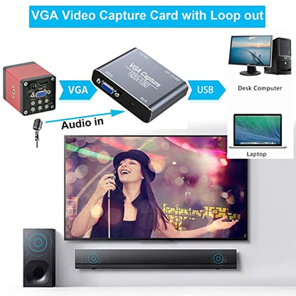 VGA Capture Card, VGA to USB Capture Device with VGA Loopout, Mic Input Support HD 720P Video for Gaming, Streaming, Teaching, Video Conference, Live Broadcasting - color: Grey