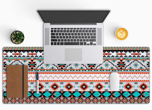 Large Gaming Mouse Pad with Stitched Edges, Colorful Aztec Pattern Desk Mat, Extended XL Keyboard Pad, Non-Slip Rubber Base Desk Pad for Keyboard and Mouse, 31.5X11.8 inch - color: Colorful Aztec Pattern