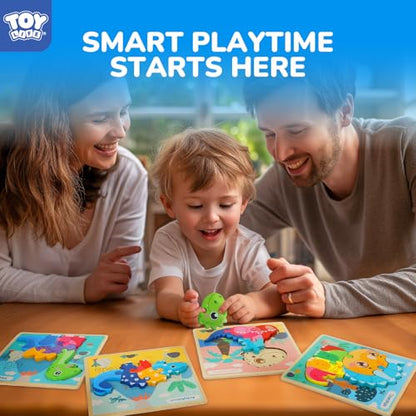 TOY Life 6-Pack Wooden Dinosaur Puzzles for Kids Ages 3-5 | Six colorful designs, easy-grip pieces, fine-motor practice, quiet travel activity, birthday gift - style: 6 Pack