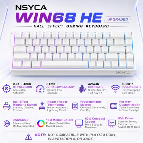 WIN68 HE Hall Effect Keyboard, Rapid Trigger Magnetic Gaming Keyboard, 8000Hz Polling Rate, DKS & SOCD, 0.01mm Adjustable Actuation, RGB PBT Keycaps, 60% Wired Keyboard for FPS Gaming PC & Mac - color: WIN68 White Side-Printed