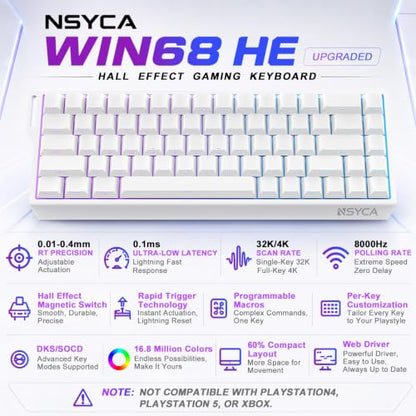 WIN68 HE Hall Effect Keyboard, Rapid Trigger Magnetic Gaming Keyboard, 8000Hz Polling Rate, DKS & SOCD, 0.01mm Adjustable Actuation, RGB PBT Keycaps, 60% Wired Keyboard for FPS Gaming PC & Mac - color: WIN68 White Side-Printed
