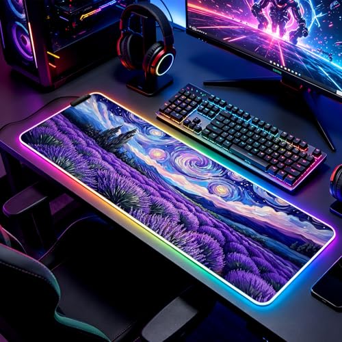 RGB Fantasy Starry Night Lavender Field Gaming Desk Mat, Computer Keyboard Large Extended Long Floral LED Mouse Pad for Office and Home, XL (W27) - color: Rgb-w27