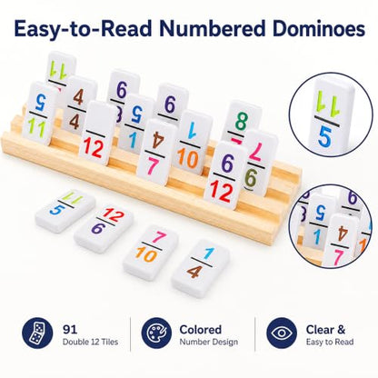 Mexican Train Dominoes Set Double 12 Number Domino Tiles, 91 Colorful Number Dominos Tiles with 8 Wooden Racks, Hub & Trains, Portable Domino Game Set for Adults Kids Families - style: Double 12 Number + 8 Racks