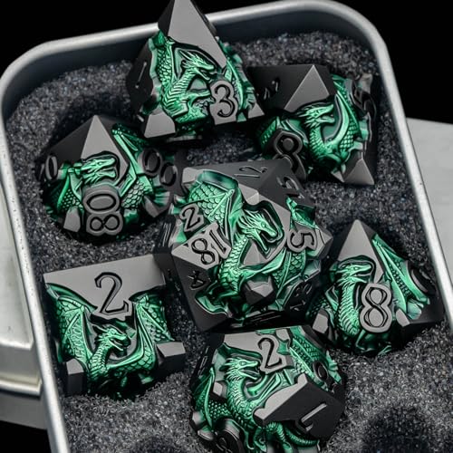 Roycevon Relief Dragon DND Dice Set for Role Playing Game, 7Pcs Metal D&D Dice Set Dungeons Dragons with Gift Box, Polyhedral D and D Dice D20 D12 D10 D8 D6 D4, Green and Black - color: Green and Black