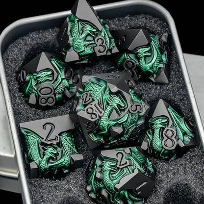 Roycevon Relief Dragon DND Dice Set for Role Playing Game, 7Pcs Metal D&D Dice Set Dungeons Dragons with Gift Box, Polyhedral D and D Dice D20 D12 D10 D8 D6 D4, Green and Black - color: Green and Black