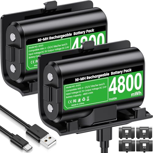Svetaecho for Rechargeable Xbox Controller Battery Pack – 2x4800mWh Long-Lasting Battery with 4 Back Covers, USB-C Fast Charging Compatible with Xbox Series X|S / Xbox One / Elite Controller - color: Black