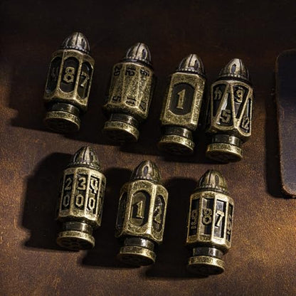 UDIXI Metal DND Bullet Dice Set, Polyhedral Bullet Metal Dice Set Bronze | 7PCS, Cool Style, Magazines Container and PU Leather Bag, for D&D Dungeons and Dragons Role Playing Games and Tabletop Games - color: Bronze