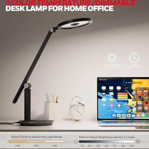 Honeywell H6 Desk Lamp for Home Office, Dimmable Reading Table Light, Black | Sunturalux CRI≥97, RG0 Low Blue Light, Flicker-Free, 800LM Dimmable with Timer for Webcam, Study, Office & Bedroom - color: Black