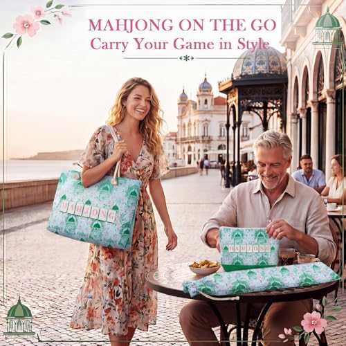 Soulchen 3 Pcs Empty Mahjong Bag Set American Mahjong Buckled and Zippered Carrying Bag with Handle, Tile case and Drawstring Protective Sleeve for Rack Game Accessories Gift Travel(Chinoiserie) - style: Chinoiserie