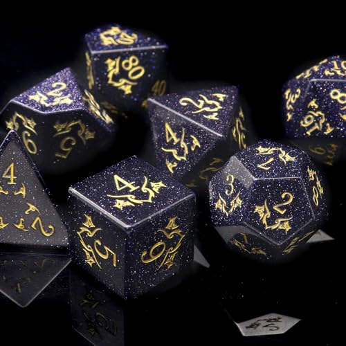 Haxtec Gemstone DND Dice Set Blue Sandstone Precious Gemstone Dice Set Compatible with Dungeons and Dragons TTRPG Gifts for Dungeons Masters Premium Dice Case DND Gifts - color: Dark Blue Gold