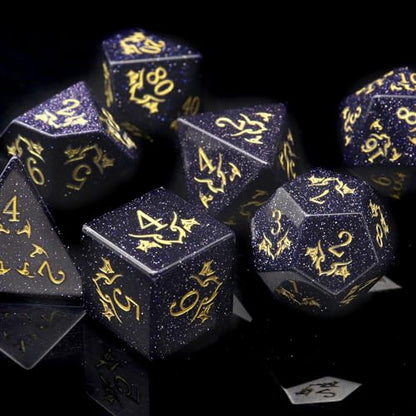 Haxtec Gemstone DND Dice Set Blue Sandstone Precious Gemstone Dice Set Compatible with Dungeons and Dragons TTRPG Gifts for Dungeons Masters Premium Dice Case DND Gifts - color: Dark Blue Gold