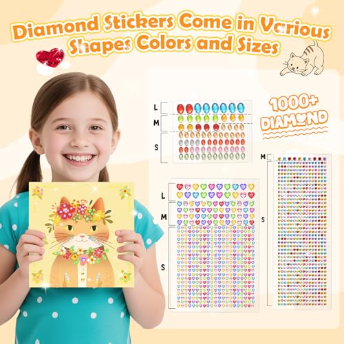 Gem Art Sticker Kit,Diamond Art Sticker Crafts for Kids Ages 4-12 | 8 Cat Themes, 1000+ Gems, No glue, No mess, Gemstone Sticker Arts and Crafts for Kids, Christmas Birthday Gift for Girls - color: Yellow-Cat