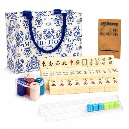 BESTOYARD 1.2-Inch Chinese Mahjong Set, 144 Tiles, 4 Racks and Carrying Bag | Traditional Mahjong Tile Set with 100 Chips, 6 Dice and Rule Book for 4 Players, Beginners, Travel and Family Game Night