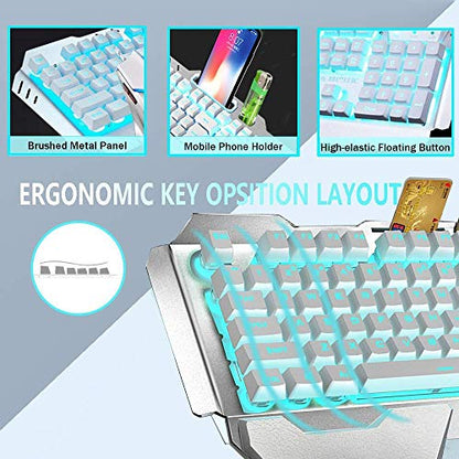 Wireless Keyboard and Mouse, Blue LED Backlit Rechargeable Keyboard with 3800mAh Battery, Metal Panel, Removable Hand Rest Mechanical Feel, 7 Color Gaming Mute Mouse for PC Gamers - color: White Blue