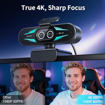 EMEET C60E Dual 4K Webcam for Streaming with Tripod, Wide-Angle and Telephoto Cameras, Max 11X Hybrid Zoom & PDAF Autofocus, Remote Control, RGB Lighting, 2 Mics, Plug & Play USB Webcam for PC & Mac - style: Dual-Camera w/ Tripod