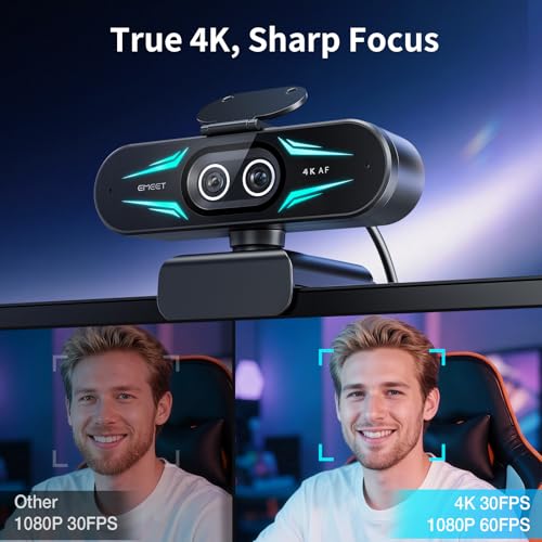 EMEET C60E Dual 4K Webcam for Streaming with Tripod, Wide-Angle & Telephoto | Max 11X Hybrid Zoom & PDAF Autofocus, Remote Control, RGB Lighting, 2 Mics, Plug & Play USB Webcam for PC & Mac - style: Dual-Camera w/ Tripod