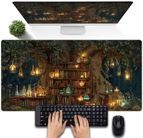 Desk Mat Large Mouse Pad Magical Tree Gaming Desk Pad, Extended Keyboard and Mouse Mat XXL, Computer Mats for Desktop Full Desktop Laptop Mat, Anime Dark Academia Office Desk Decor 31.5x15.7 Inch - color: Enchanted Forest Library