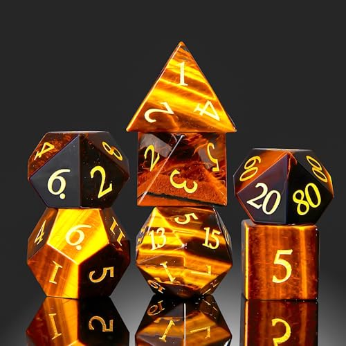 Tiger Eye Crystal DND Dice Set 7 PCS Gemstone Suitable for Dungeons and Dragons for D & D RPG Games (Tiger Eye - color: Tiger Eye
