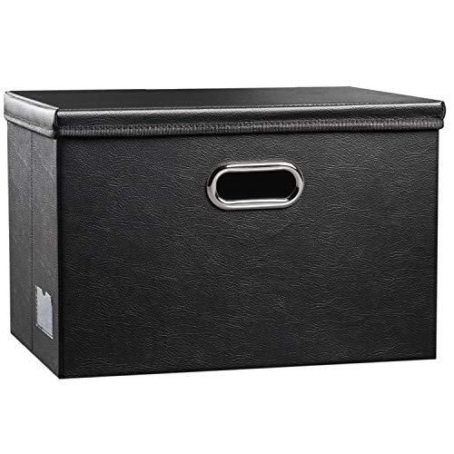 PRANDOM Large Collapsible Storage Bin with Lid [1-Pack] Leather Fabric Foldable Storage Box Organizer Containes Basket Cube with Cover for Home Bedroom Closet Office Nursery Black (17.7x11.8x11.8) - color: Black, size: Large(1-Pack)