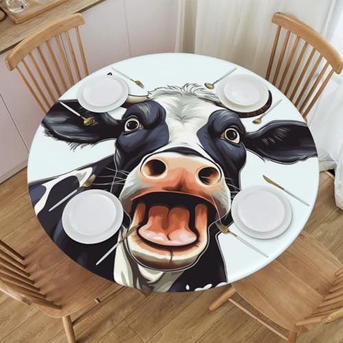 Famame Farm Cow Open Mouth Round Fitted Tablecloth with Elastic Protector Table Kitchen Dinner Waterproof Oil-Proof Table Covers Fits 40"-44", Small - color: Farm Cow Open Mouth, size: Small (40"-44")