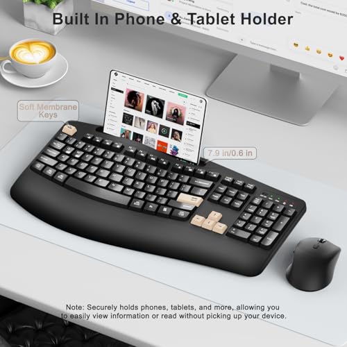 Wireless Keyboard and Mouse Combo, 2.4G Ergonomic Wave Keys(Latte Black) | Full Size Ergonomic Keyboard with Wrist Rest, Phone Holder, 3-Level DPI Silent Mouse with 6-Buttons,for Windows/Mac OS/Laptop - color: Latte Black