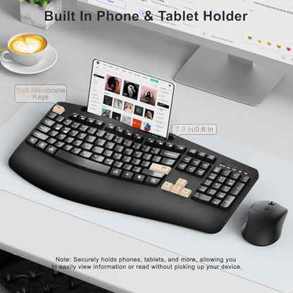 Wireless Keyboard and Mouse Combo, 2.4G Ergonomic Wave Keys(Latte Black) | Full Size Ergonomic Keyboard with Wrist Rest, Phone Holder, 3-Level DPI Silent Mouse with 6-Buttons,for Windows/Mac OS/Laptop - color: Latte Black