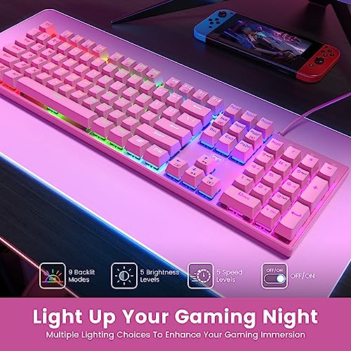 RisoPhy Mechanical Gaming Keyboard, RGB 104 Keys Ultra-Slim Backlit USB Wired Keyboard with Blue Switch, Durable ABS Keycap/Anti-Ghosting/Spill-Resistant Mechanical Keyboards for PC Mac Xbox Game,Pink - color: Pink