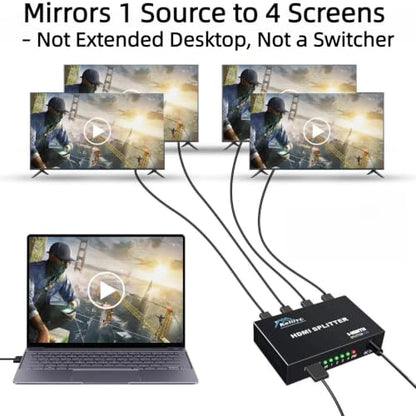 4K HDMI Splitter 1 in 4 Out (Mirror Only) – HDMI 1.4 4K@30Hz, Powered HDMI Distributor, Duplicate Screens for Multiple Monitors, Xbox, PS5/PS4, TV